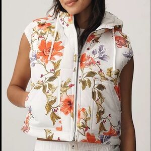 Floral Quilted Hooded Puffer Vest - white with Red & Purple Flowers